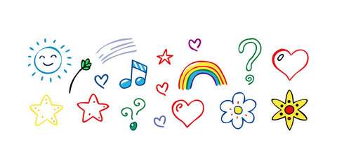 Hand drawn colorful icons on white background smiling sun