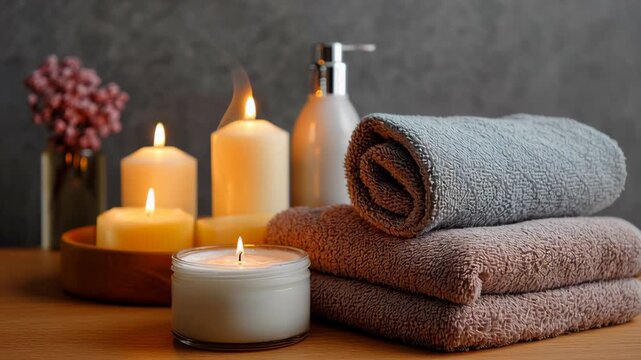 Soft towel stack with lit candles and lotion bottle creating warm spa relaxation wellness bathroom decor ambiance
