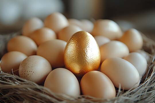 Golden egg standing out among regular chicken eggs in a natural straw nest, symbolizing wealth, uniqueness, and financial opportunity. - Powered by Adobe