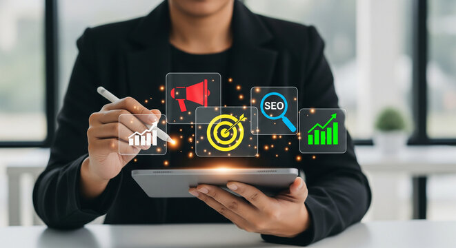 Business professional using a tablet with stylus, engaging with virtual icons for digital marketing strategy, seo, advertising, data analysis, and online growth concepts.