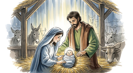 Nativity scene illustration in watercolor style showing baby Jesus lying in manger with Virgin Mary and Saint Joseph. Nativity scene in stable is watched by domestic animals.