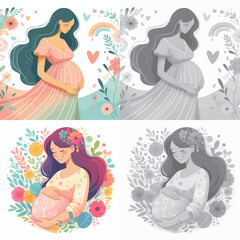 Vector set and shades of gray pregnant women on a white background