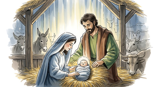 Nativity scene illustration in watercolor style showing baby Jesus lying in manger with Virgin Mary and Saint Joseph. Nativity scene in stable is watched by domestic animals.