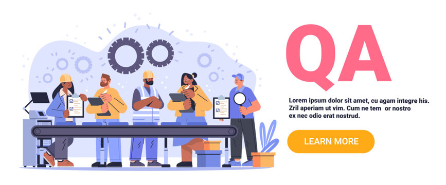QA quality assurance team factory inspection workers assembly line checklist gears technology background modern workplace process control automation