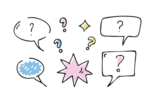 Hand drawn chat bubbles and question marks with transparent background