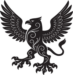 Obraz premium Majestic Griffin Silhouette with Decorative Swirls and Powerful Wing Span Graphic Illustration Symbol