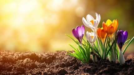 A cluster of early spring flowers such as crocuses and snowdrops pushing through the soil, signaling the start of the season.
