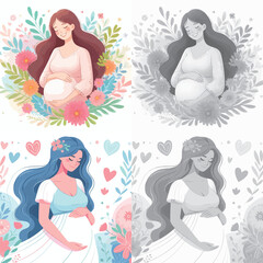 Vector set and shades of gray pregnant women on a white background