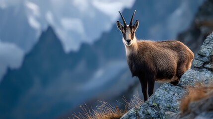 Chamois goat standing on rocky mountain ledge against dramatic alpine landscape with misty peaks in background. Wildlife conservation concept.