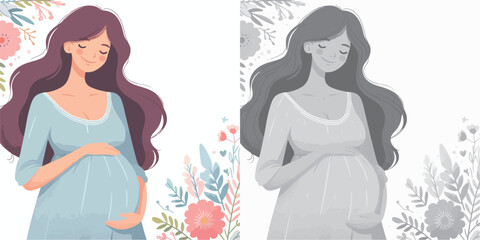 Vector set and shades of gray pregnant women on a white background