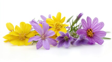 A collection of wild spring flowers, including purple and yellow blooms, gently arranged on a white surface.
