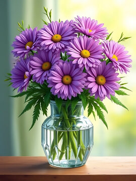 Vibrant purple aster flowers in a clear glass vase on a wooden surface
