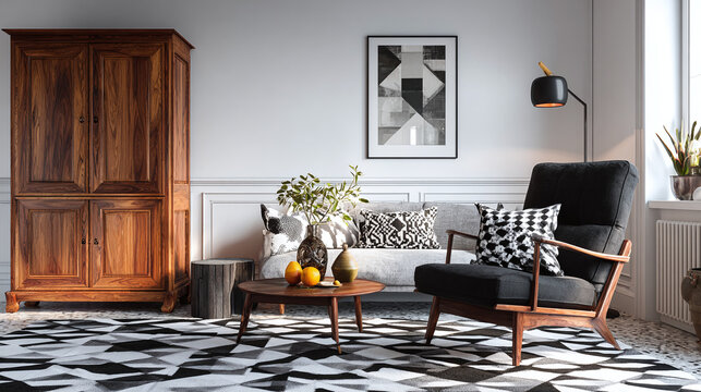 An inviting living room interior design with wooden furniture and decorative items. The room features a couch, armchair, and cabinet