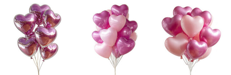 Three vibrant bunches of heartshaped balloons in pink and purple hues, perfect for celebrations, isolated on transparent background