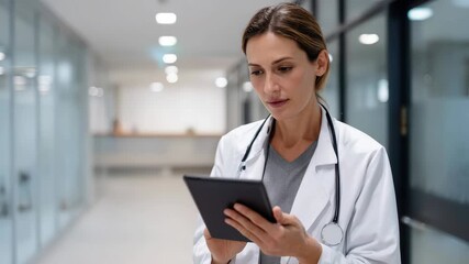 healthcare worker accesses digital files amidst hospital hallway environment, medical staff member carefully inspects electronic patient information in welllit hospital passageway - Powered by Adobe