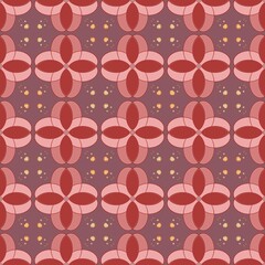 Seamless floral pattern featuring stylized red and pink petals arranged in a repeating geometric design over a muted purple background with scattered soft yellow dots.
