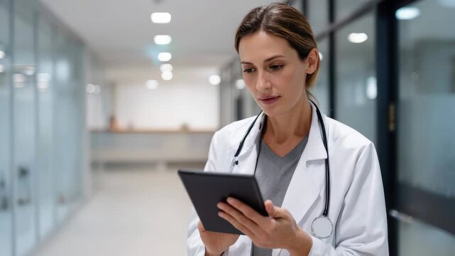 healthcare worker accesses digital files amidst hospital hallway environment, medical staff member carefully inspects electronic patient information in welllit hospital passageway - Powered by Adobe