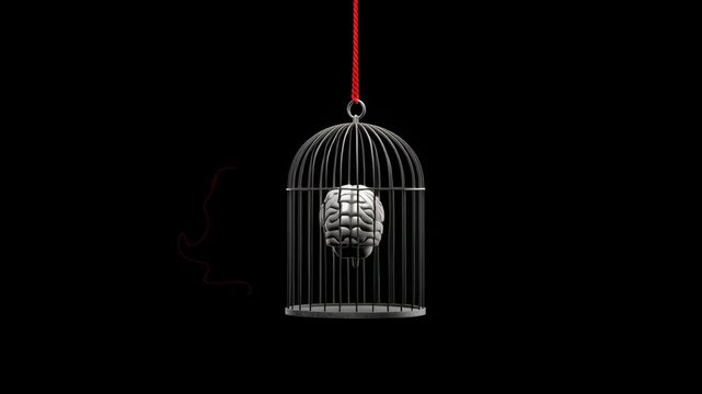 Brain cage hanging red rope, symbolizing mental confinement and restricted thinking dark background, concept of mental