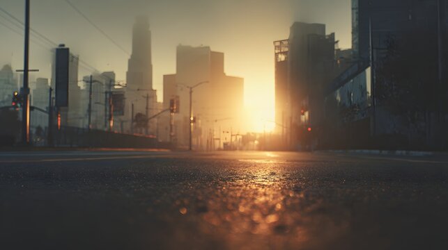 Urban cityscape at sunrise with sun flare over wet asphalt road