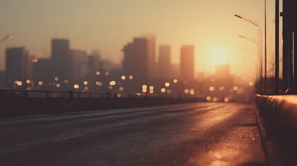 Urban cityscape at sunset with bokeh lights and city skyline on the horizon