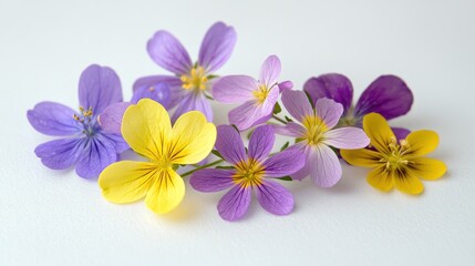 A collection of wild spring flowers, including purple and yellow blooms, gently arranged on a white surface.