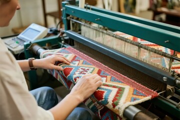 Person weaving colorful patterned fabric on a loom in a workshop