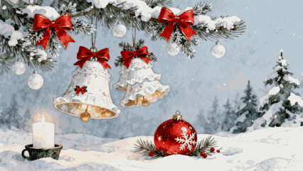 Season's Greetings Christmas Bells in Snow isolated watercolor vector illustration svg © Arun168