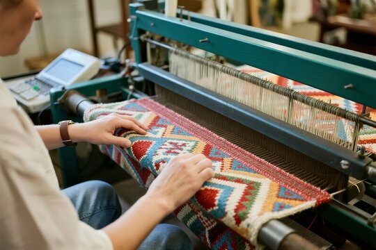 Person weaving colorful patterned fabric on a loom in a workshop