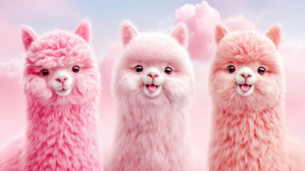 Obraz premium Drei süße Alpakas in zarten Pastellfarben vor rosafarbener Wolkenkulisse mit fröhlichem Ausdruck