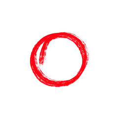 Hand-drawn red brushstroke circle or rough oval shape, mark, grunge paint element, ink textured graphic design icon