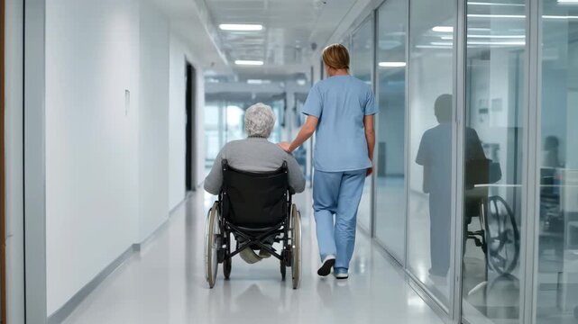 senior supported by attentive nurse, experienced nurse guides elderly patient safely, dedicated nurse calmly escorts elderly individual along clinical hallway with steady support