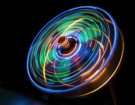 Colorful Light Trails from Spinning Toy in Dark Background