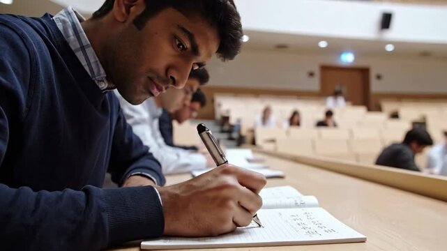 Focused student in large lecture hall intently writes on paper during class. Focused student takes notes and listens carefully during academic lecture.