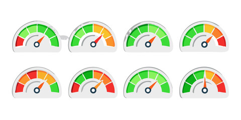 Eight Speedometer Gauges with Color Coded Scales level