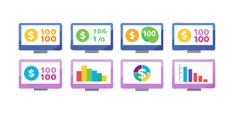 Eight colorful computer screens displaying financial data