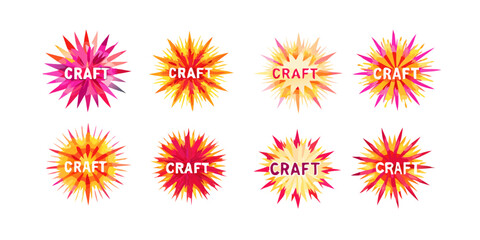 Eight colorful radial explosion shapes with the word craft