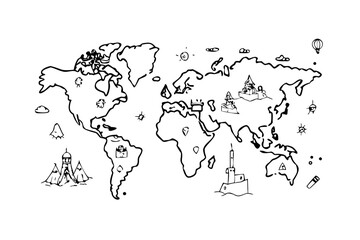 Doodle World Map with Cute Landmarks illustration cartoon