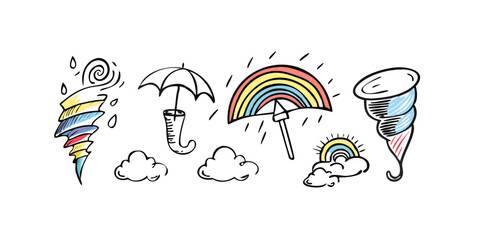 Doodle weather icons tornado umbrella rainbow clouds