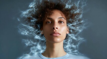 Portrait of a young woman with curly hair. she is facing the camera with a serious expression on her face. the woman is wearing a light blue t-shirt and her hair is styled in loose curls.