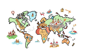 Doodle world map with cute landmarks and animals illustration