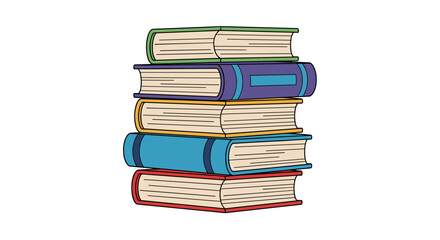 A vibrant cartoon illustration of a tall stack of colorful books, symbolizing knowledge, education, learning, and academic study.