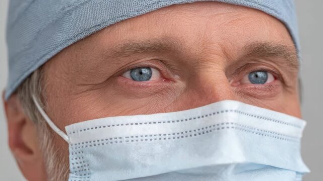 surgeon ready now, surgeon meticulously preparing for upcoming critical medical procedure, healthcare professional intensely attentive and focused prior to sterile surgical intervention