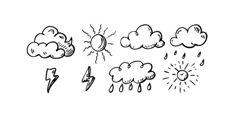 Doodle style sun clouds and rain icons weather 1