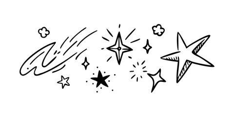 Doodle Style Stars Comets and Sparkles on White Background