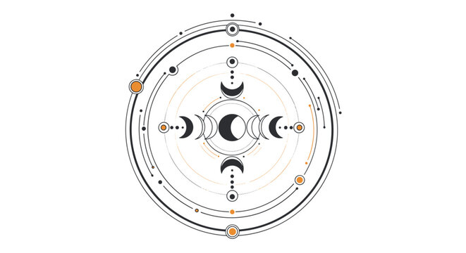 A mystical geometric illustration featuring the phases of the moon within a celestial diagram of concentric circles and dotted lines, rendered in a modern style.