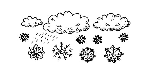 Doodle Style Snowflakes and Frost Pattern with Transparent Background
