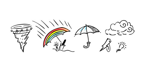 Doodle style rainbow and lightning bolt icons weather