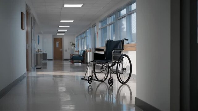 serene medical corridor, tranquil healthcare pathway showcasing accessibility features, calm hospital corridor emphasizing usability with reflective flooring and wheelchair