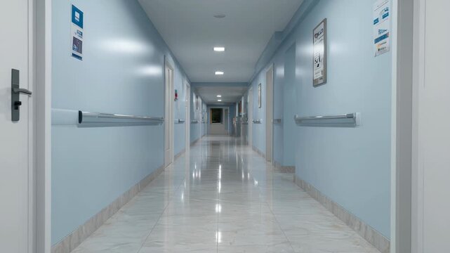quiet medical hallway at night, sterile hospital corridor with calming atmosphere, calm and sterile hospital corridor featuring glossy tiles and soft overhead illumination