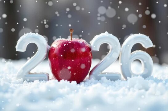 white numbers 2026 with red apple instead of 0 on a snowy background	